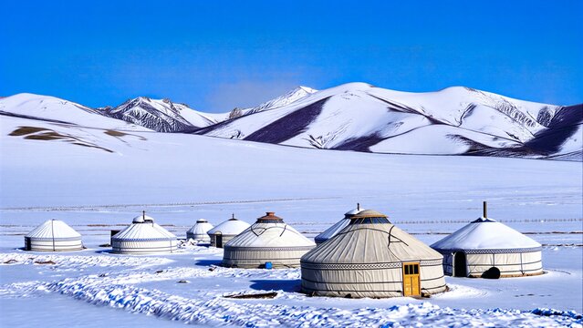 Yurts On Snowy Grassland With Snow Mountains
