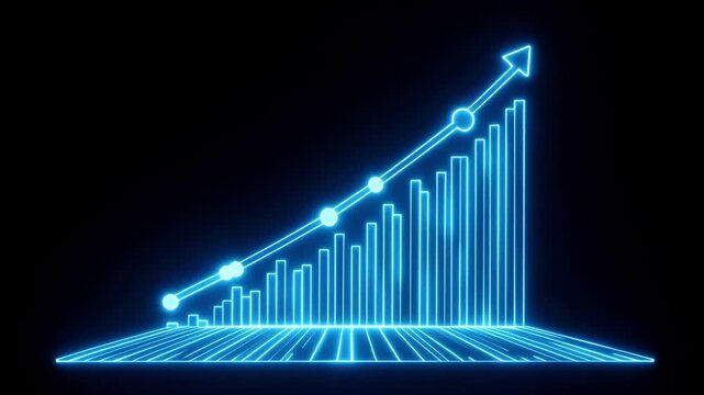 A growing trend is shown in a futuristic glowing blue bar chart graph with an upward arrow on a black background with lines