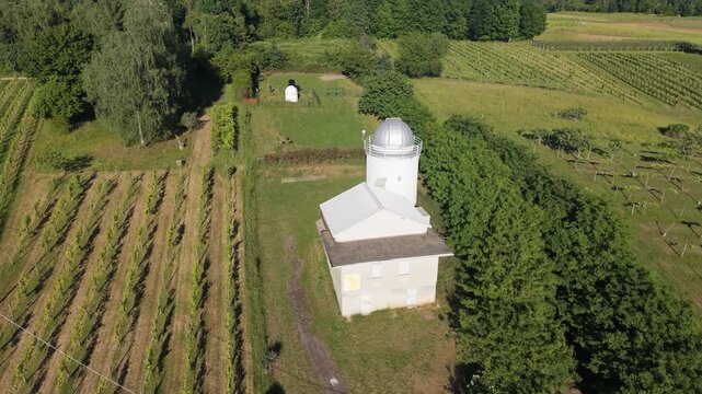 Drone Pullback Reveal From Observatory Over Vineyards at Sunset