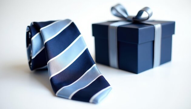 Striped navy blue tie next to elegant gift box with ribbon. Classic mens accessory for special occasion. Thoughtful present for father, husband or boyfriend.