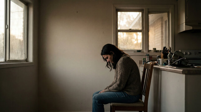 Lonely woman sitting on chair in dim kitchen with bowed head showing sadness domestic stress mental health struggle solitude hardship vulnerable home concern for counseling outreach wellness themes