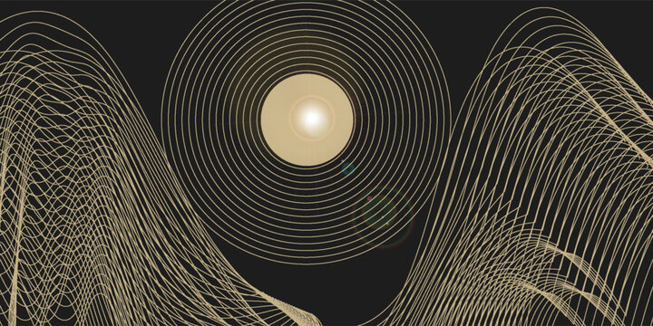 Vector golden line abstract background with gold wave on a black background for Christmas celebration party, New Year card, wedding, bachelorette party, baby shower party, birthday, casino.