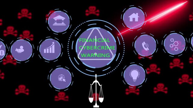 Financial cybercrime warning digital interface featuring red skull warning and legal scales of justice for cybersecurity data protection and online fraud prevention