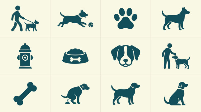 Collection of diverse dog related icons and pet care symbols