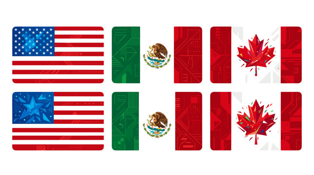 Set of united states and canadian flags with mexican and canadian symbols