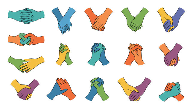 Collection of colorful hands in different gestures and positions
