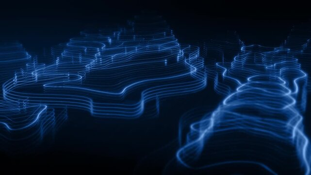 Futuristic digital topographic map with glowing neon contour lines, abstract 3D terrain visualization, modern data technology and cyber landscape concept