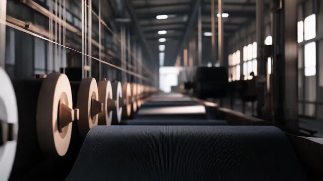 Textile factory floor with multiple spinning machines in operation, converting raw material into processed threads and fabric through an automated manufacturing process