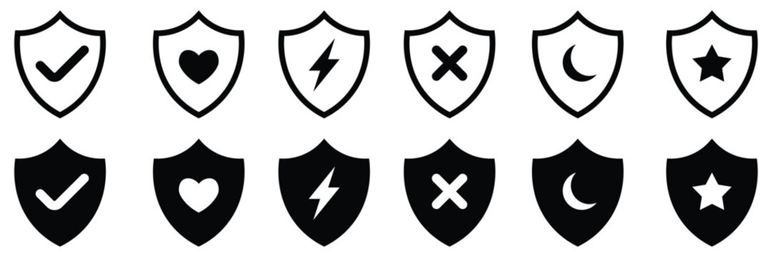 Minimalist black and white shield icons with diverse symbols for security and protection