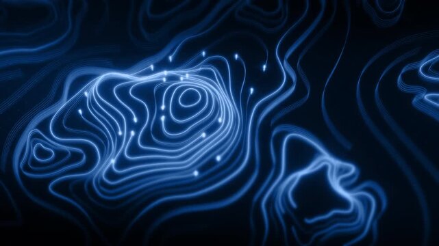 Futuristic digital topographic map with glowing neon contour lines, abstract 3D terrain visualization, modern data technology and cyber landscape concept