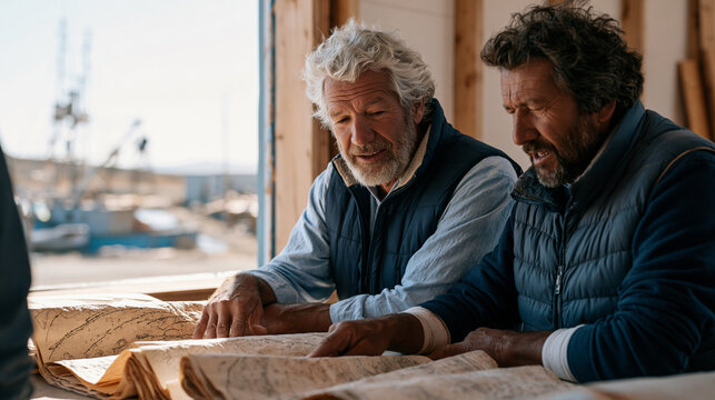 Oceanographer and local fishermen reviewing decades-old hand-drawn fish migration maps in a coastal community hall, folded charts spread across a long table, window overlooking a working harbor, cul