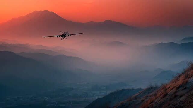 Military UAV surveillance drone flying over foggy mountains at sunset. Cinematic 4K video for national security, border patrol, defense technologies, and autonomous aerospace concepts.