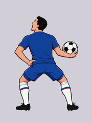 Fototapeta premium Cartoon male soccer player holding football and shouting