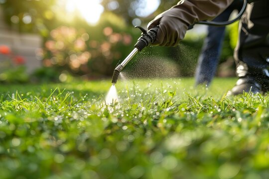 Efficient pest management solutions  worker applying pest control on lush green lawn