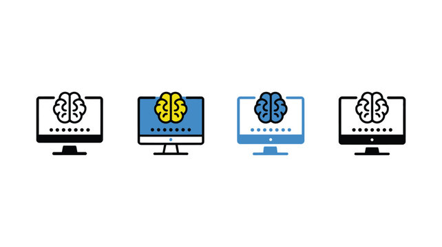 Human Brain with ai Chip and Desktop Computer vector icon for artificial intelligence, machine learning technology and digital innovation logo design.