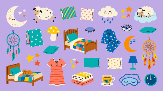 Cute collection of sleep and bedtime icons and elements for children including sheep clouds moon stars and cozy bedroom items on a pastel background