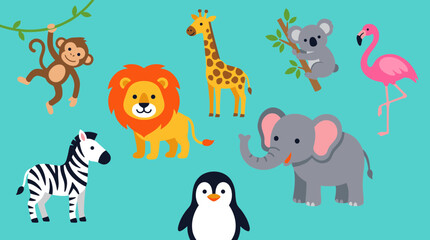 Naklejka premium Cute cartoon jungle animals and wildlife characters on a blue background, including monkey, lion, giraffe, zebra, elephant, penguin, koala and flamingo