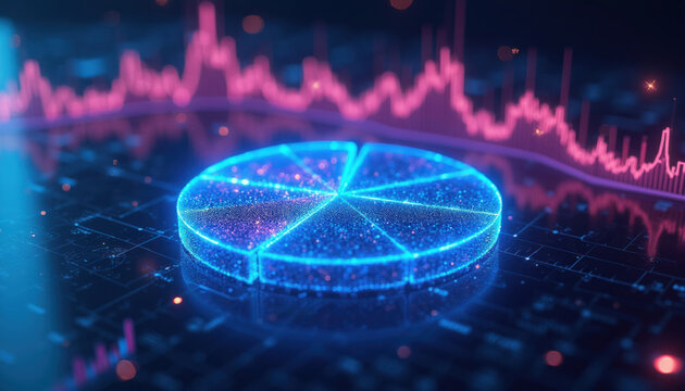 Futuristic glowing pie chart and line graph. Digital data visualization with vibrant neon blue and pink colors. Tech analytics display. Shows market trends.