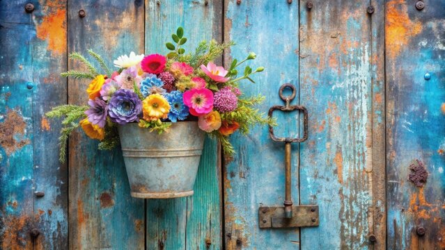 Vibrant floral arrangement in rustic metal bucket against weathered wooden backdrop with antique key