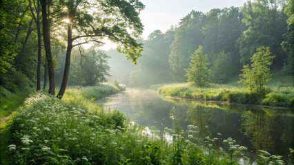 Fototapeta premium A serene river flows gently through a lush, green forest with tall trees and wildflowers bathed in soft morning light and mist.