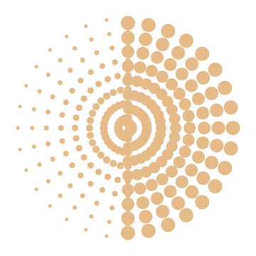 Circular peach halftone design element with varying dot sizes, creating a dynamic sense of depth and motion