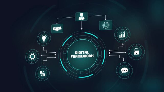 Digital framework concept with futuristic technology interface, structured business network and corporate growth graphics.