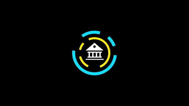 Bank building icon animation on black background.