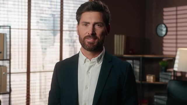 Serious middle-aged business man looking at camera changing mood smiling happy businessman representative adult bearded male work positive 40s investor specialist manager smile cheerful in office