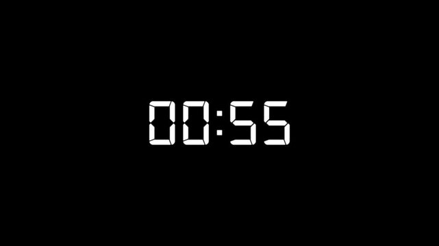 Digital Countdown timer one minute animation from 60 to 0 seconds on transparent background. 1 minutes countdown timer animation. 4k video