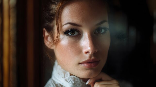 A dramatic portrait capturing the intense gaze and delicate features of a woman bathed in soft moody light