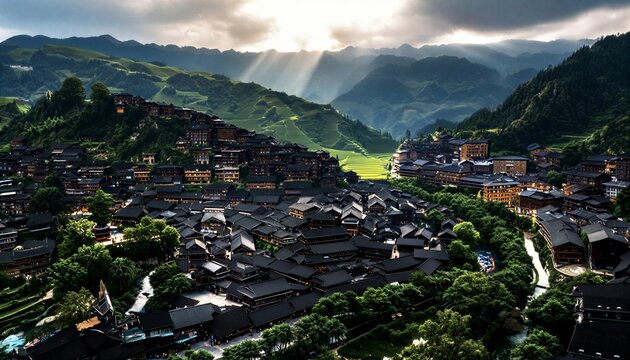 Ancient Village In Mountains With Tyndall Effect At Dusk