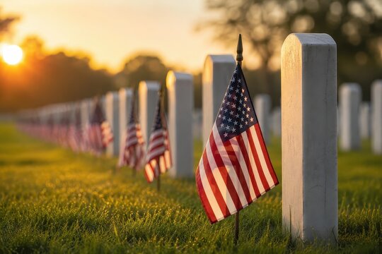 American flags placed in front of white headstones at a cemetery during sunset. Memorial Day tribute to fallen soldiers. Remembrance of veterans and national pride in a peaceful military graveyard