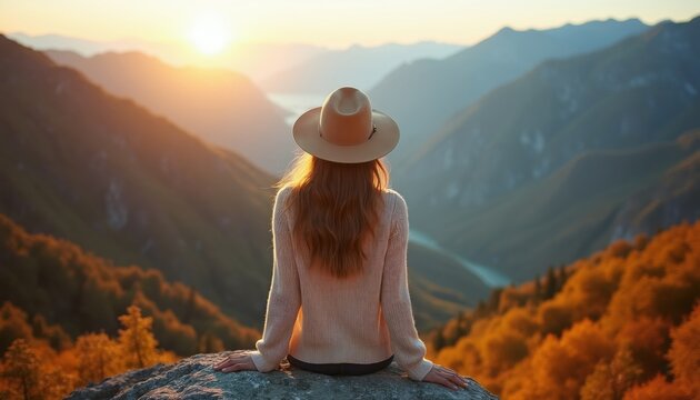 Woman with hat sits on rock looking over valley at sunset. Golden hour light illuminates mountains, trees. Enjoying nature, peaceful moment, travel adventure.