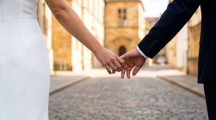 Close-up of a bride and groom's hands with wedding rings about to touch while walking on a historic cobblestone street © Studio Fiuza