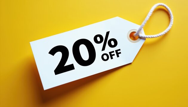 White discount tag shows twenty percent off. Label on bright yellow background. Offer price reduction for sale and shopping. Retail bargain promotion symbol.