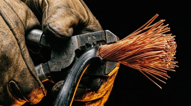 Close-up of a gloved hand using wire cutters to strip copper wire, highlighting electrical work and industrial applications