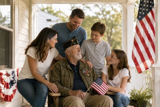 Senior veteran sitting on porch with multi-generational family. Happy man, woman and child celebrating Independence day. American flag and patriotic mood. Honor for military service and family unity