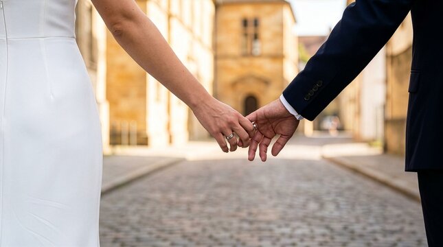 Close-up of a bride and groom's hands with wedding rings about to touch while walking on a historic cobblestone street