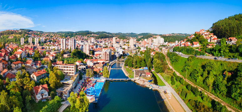 Aerial cityscape view of Uzice city in Serbia