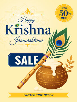 Krishna Janmashtami sale vector illustration with flute, matki (butter pot) and peacock feather on decorative background. Indian festival banner design for promotion, greeting or poster.