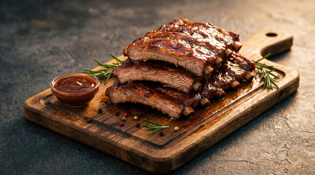 Stacked barbecue ribs with glossy sauce on wooden board beside rosemary peppers dipping bowl showing smoked meat meal restaurant menu comfort food for catering promotion food styling menu advertising