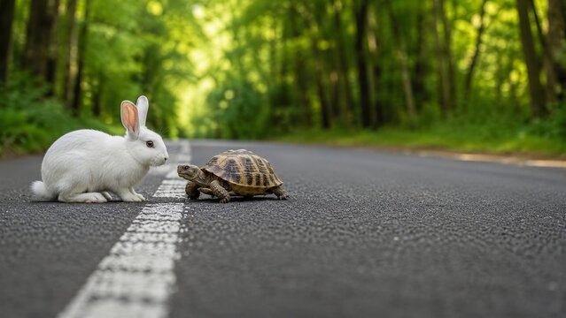 White rabbit and tortoise on forest road fable concept