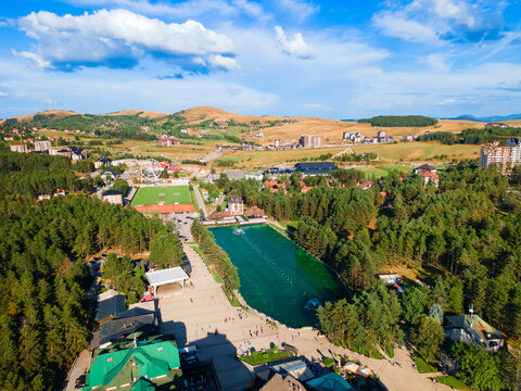 Aerial view of Zlatibor Lake in the resort town, Serbia