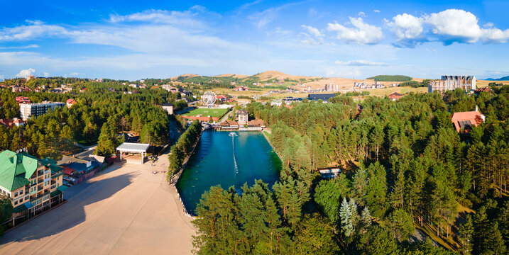 Aerial view of Zlatibor Lake in the resort town, Serbia