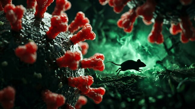 A tiny mouse ventures through a viral landscape, navigating a world of biological threats.