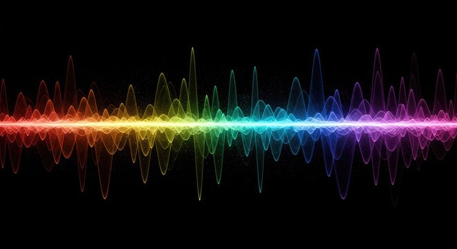Abstract visualization of spectral energy waves showing high and low frequency shifts in vibrant color flows across a dark conceptual space ,luminous ,abstract ,energy
