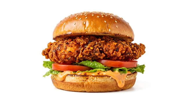 Crispy fried chicken sandwich, fast food burger, sesame seed bun, juicy tomato lettuce