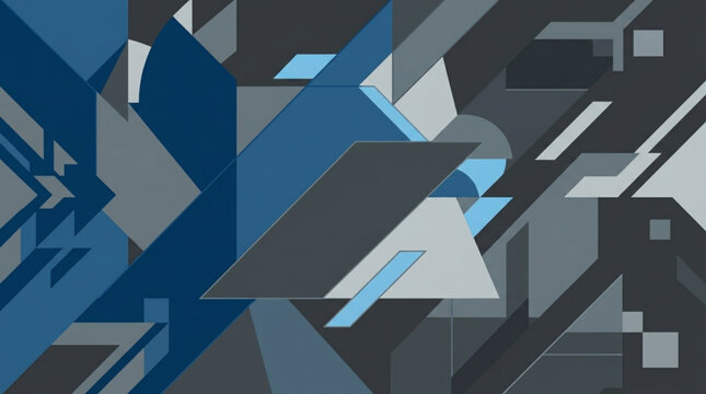Abstract geometric shapes in shades of blue and gray.