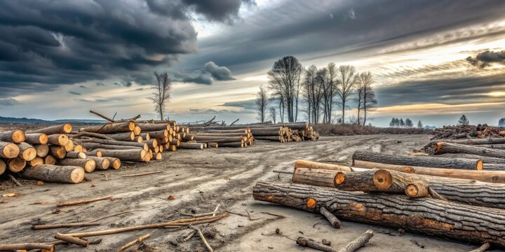 Timber Harvesting Under a Dramatic Sky Stacks of felled logs in a clearing, awaiting transport, under a sky filled with brooding storm clouds and the warm glow of a setting sun.