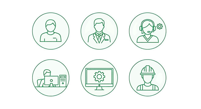 Set of professional occupation icons, including customer support, office worker, and technical staff